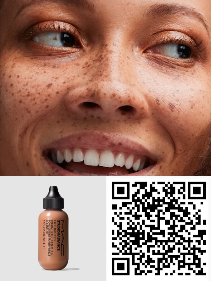 QR code and model's face for STUDIO RADIANCE FACE AND BODY RADIANT SHEER FOUNDATION.